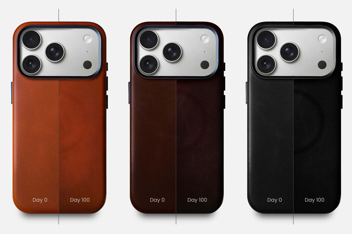Saddle Brown, Dark Brown and Black leather iPhone 18 Pro cases on day 0 and after 100 days of use