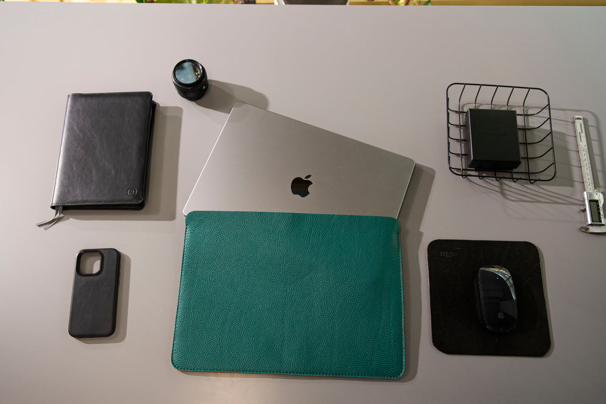 Luxury Leather Macbook Pro 16&quot; Sleeve - Avocado Green and Orange - RYAN London 