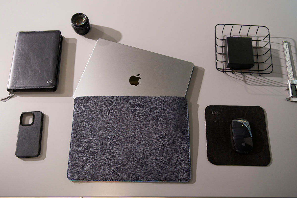 Luxury Leather Macbook Pro 14&quot; Sleeve - Navy Blue and Mint - RYAN London 