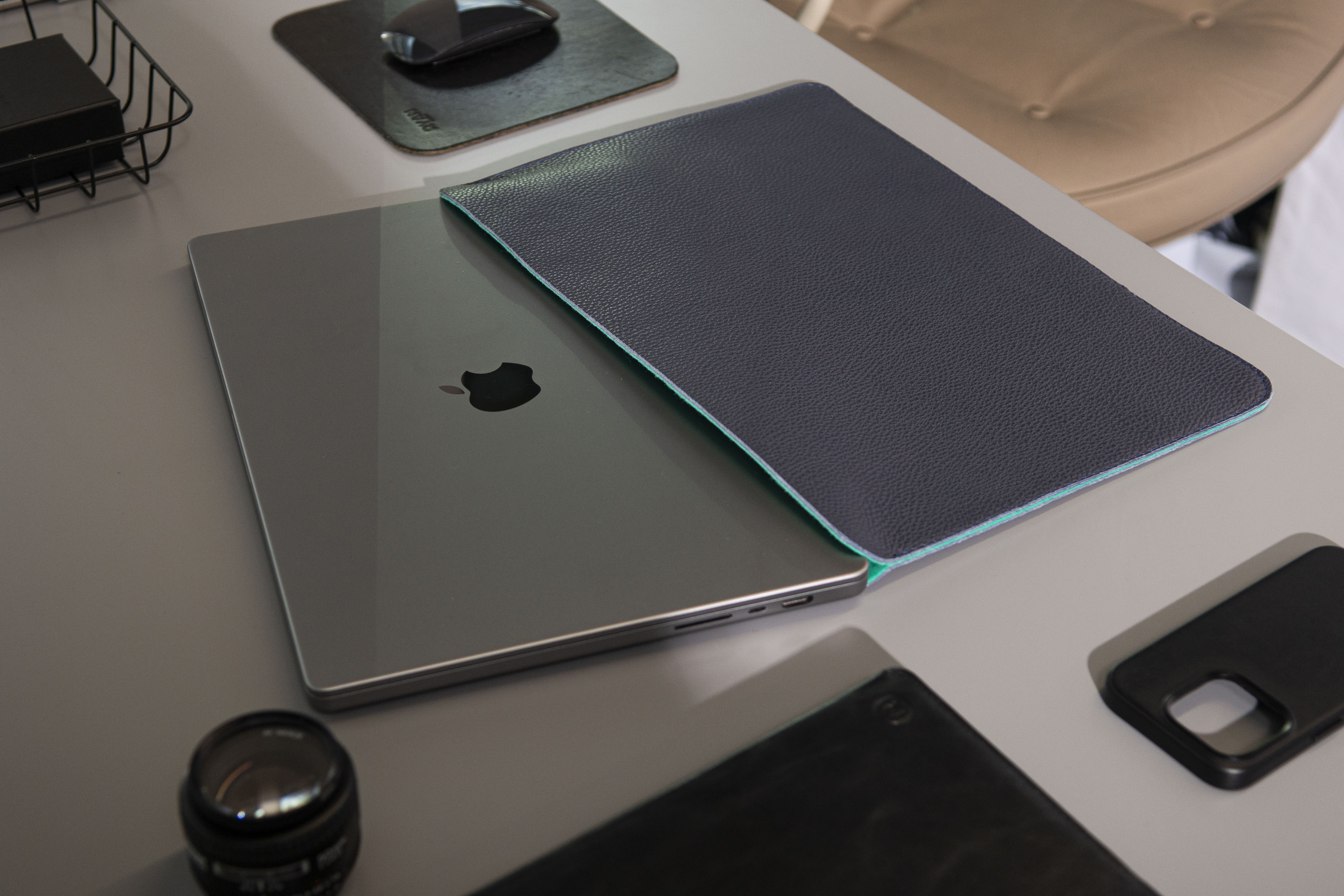 Luxury Leather Macbook Air 13" Sleeve - Navy Blue and Mint - RYAN London