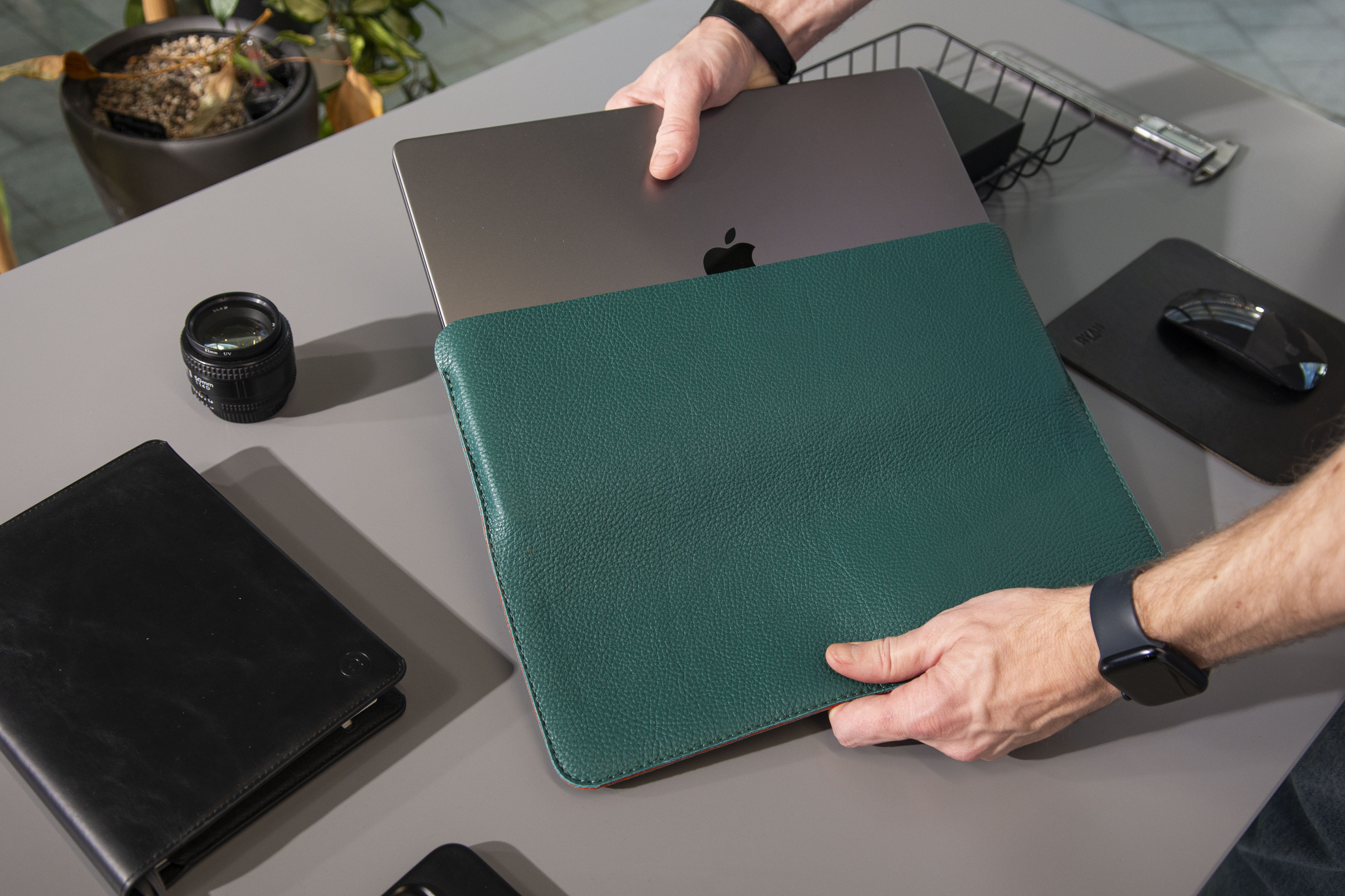 Luxury Leather Macbook Air 13" Sleeve - Avocado Green and Orange - RYAN London