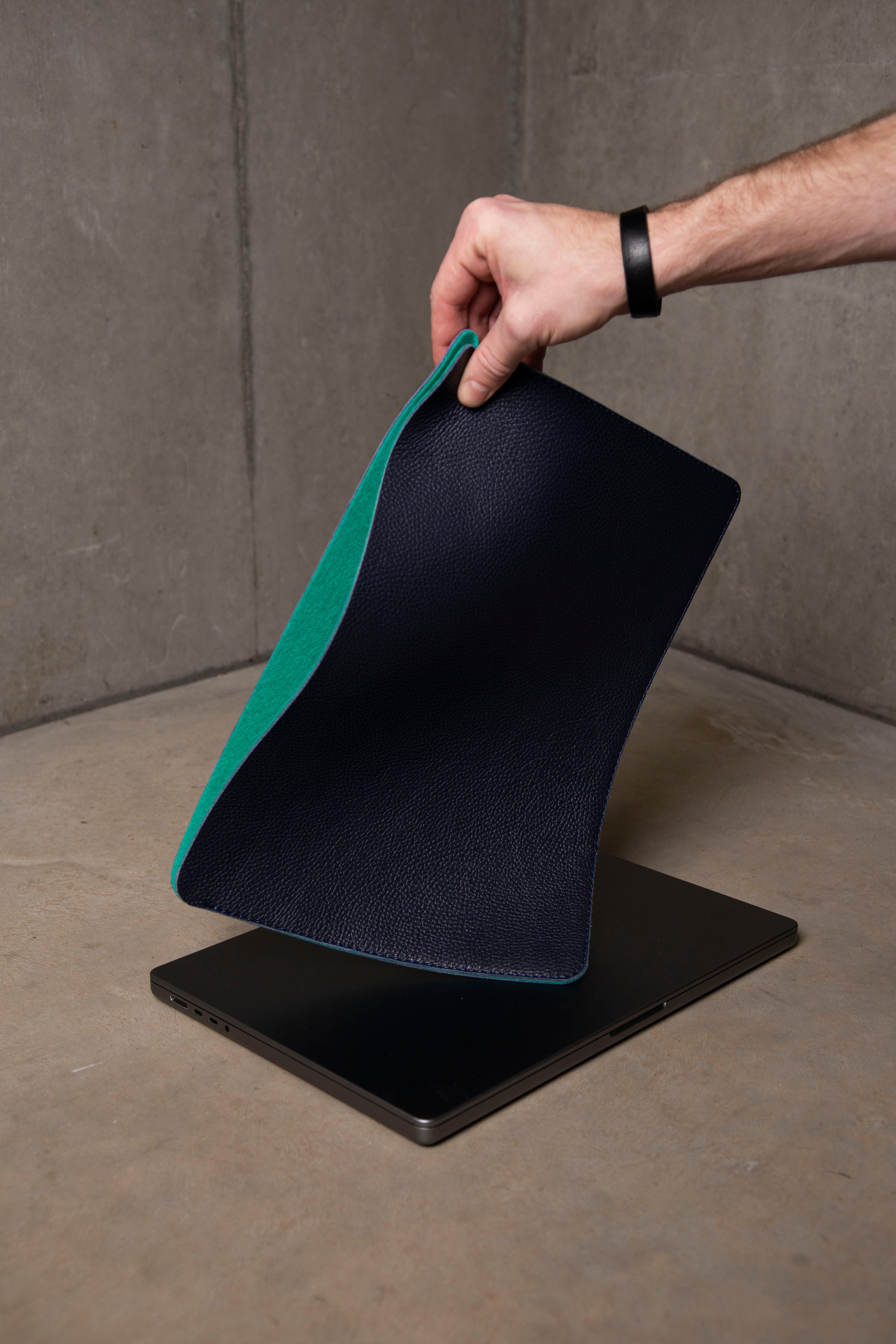 Luxury Leather Macbook Air 13" Sleeve - Navy Blue and Mint - RYAN London