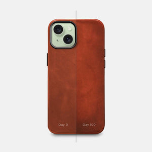 iPhone 15 Leather Shell Case Metal, MagSafe - Saddle Brown