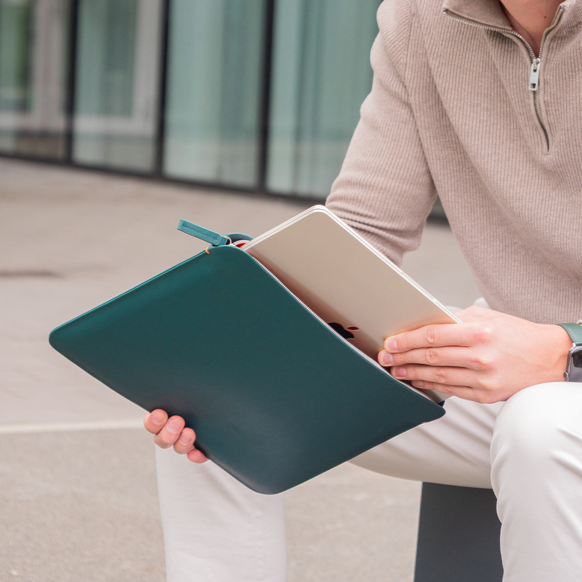 Luxury Nappa Leather MacBook Pro 13" sleeve with zip - Avocado Green