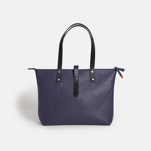 Italian Leather Tote with Wool Felt and Zip - Navy Blue and Orange