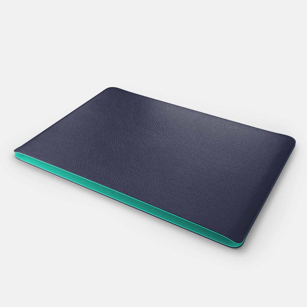 Luxury Leather Macbook Pro 14" Sleeve - Navy Blue and Mint - RYAN London