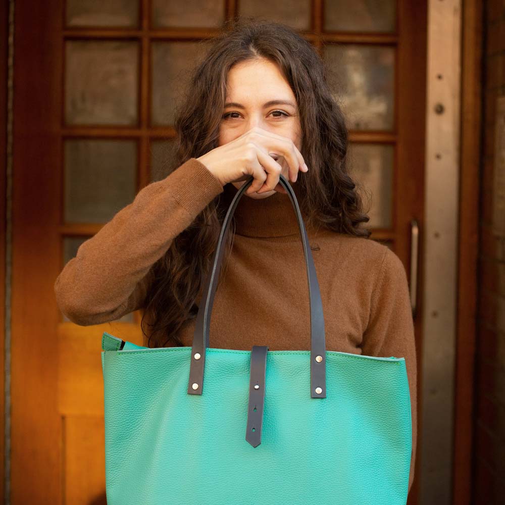 Soft Italian Leather Tote with Zip - Green - RYAN London