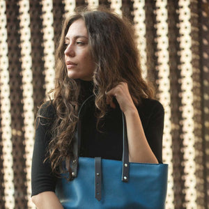 Soft Italian Leather Tote with Zip - Turquoise Blue
