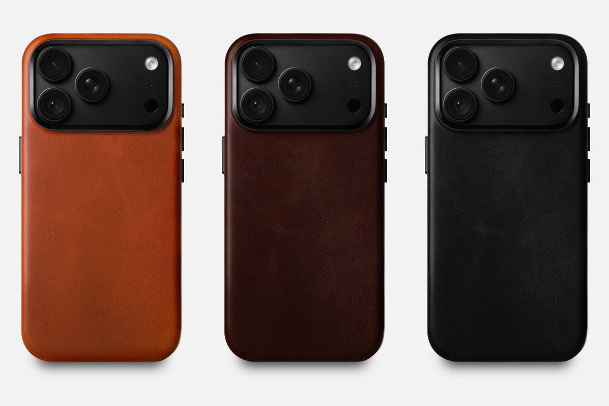 Leather iPhone 18 Pro cases with metal camera frame in Saddle Brown, Dark Brown and Black