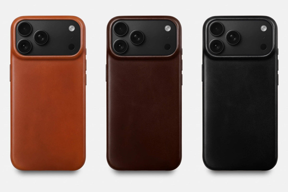 Open bottom leather iPhone 18 Pro cases in Saddle Brown, Dark Brown and Black