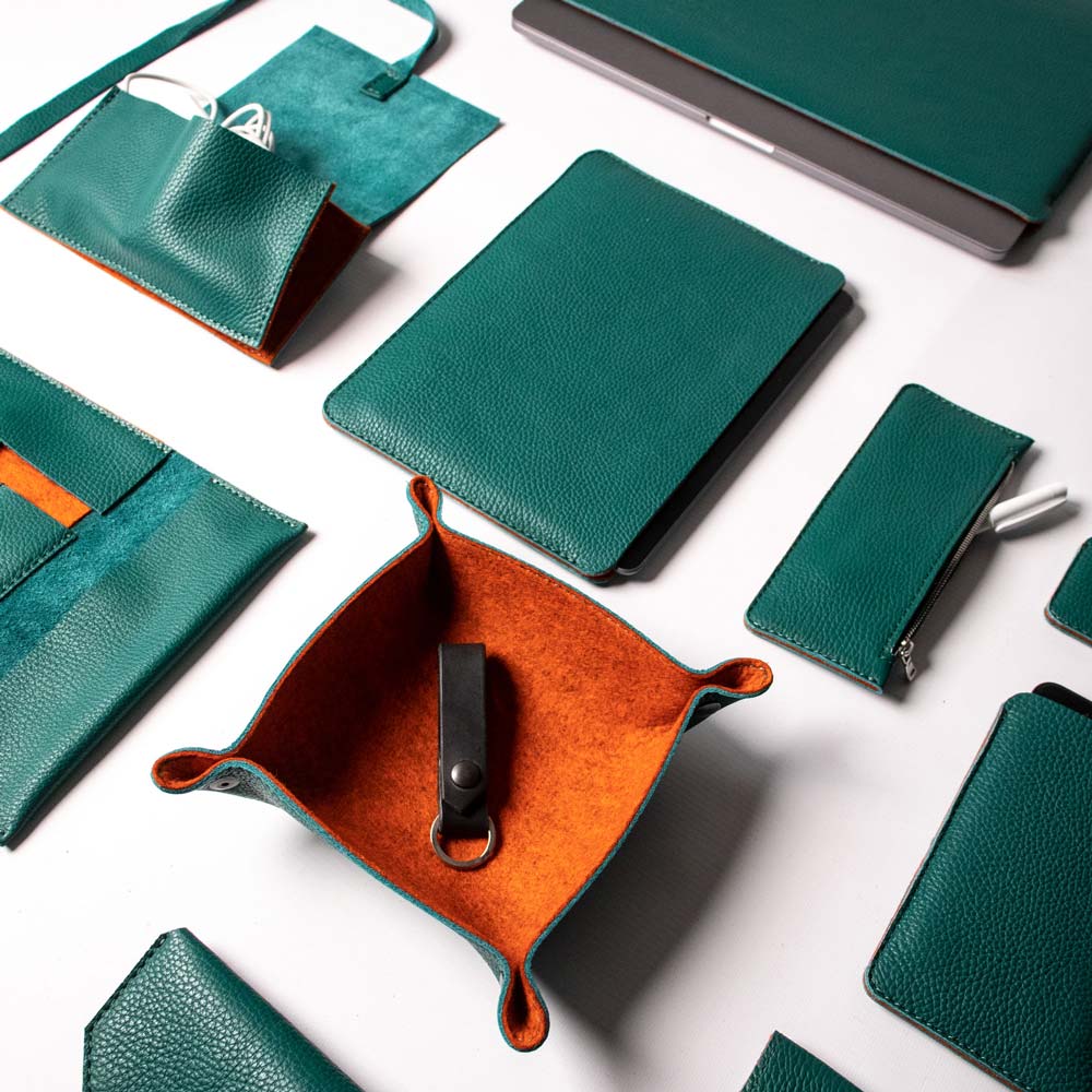 Luxury Leather Macbook Air 13" Sleeve - Avocado Green and Orange - RYAN London