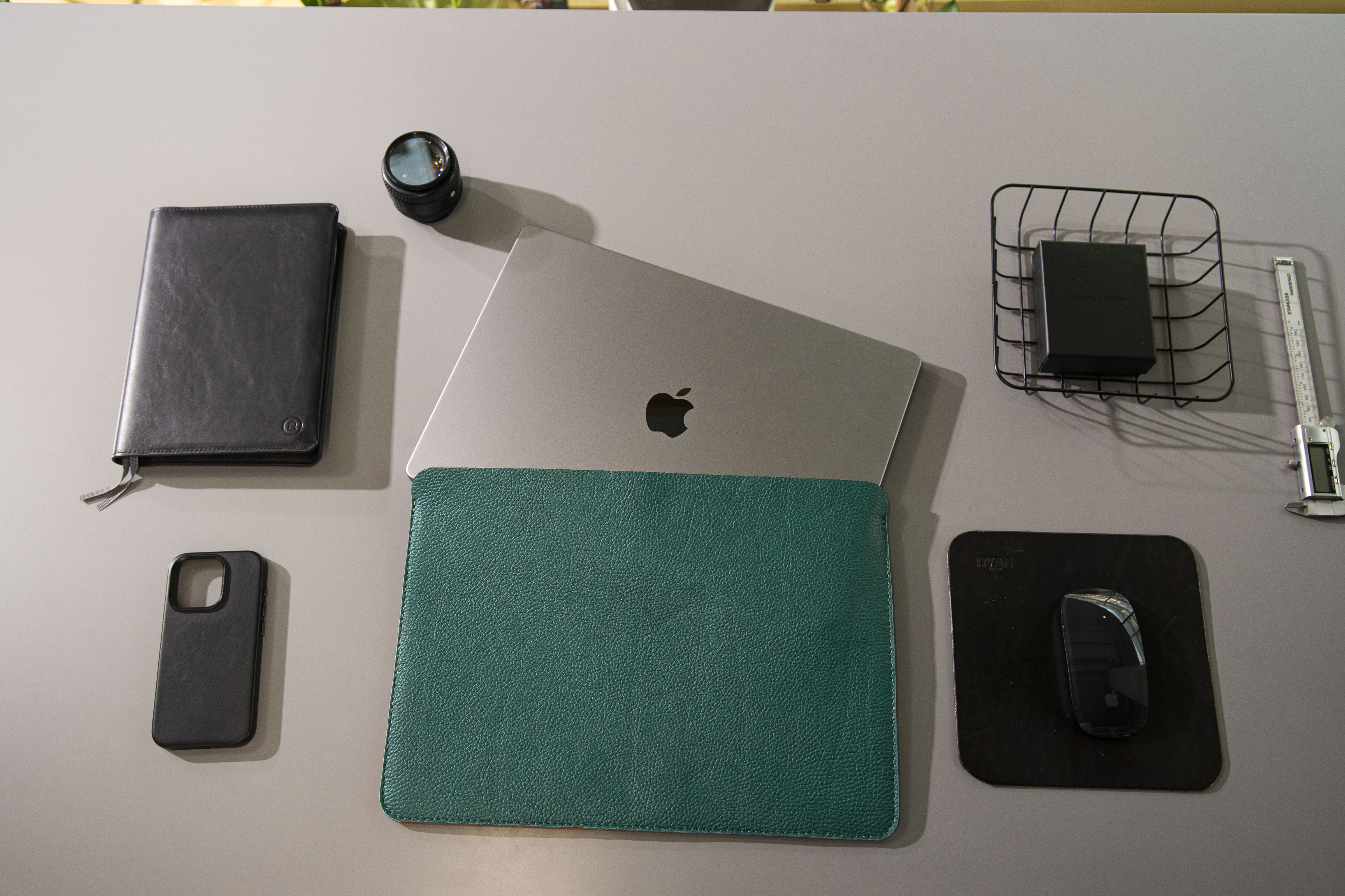 Luxury Leather Macbook Air 13" Sleeve - Avocado Green and Orange - RYAN London 