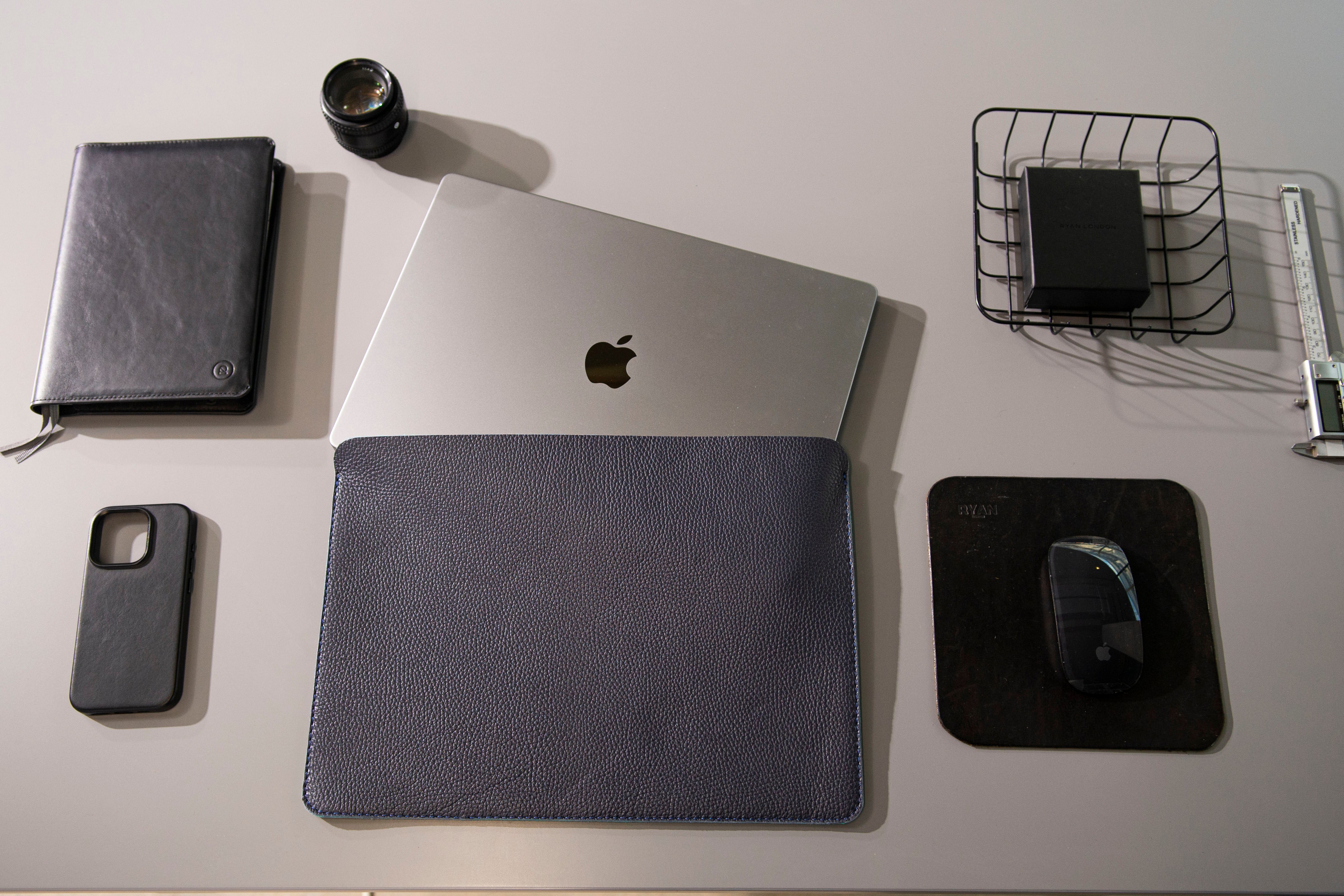 Luxury Leather Macbook Air 13" Sleeve - Navy Blue and Mint - RYAN London 