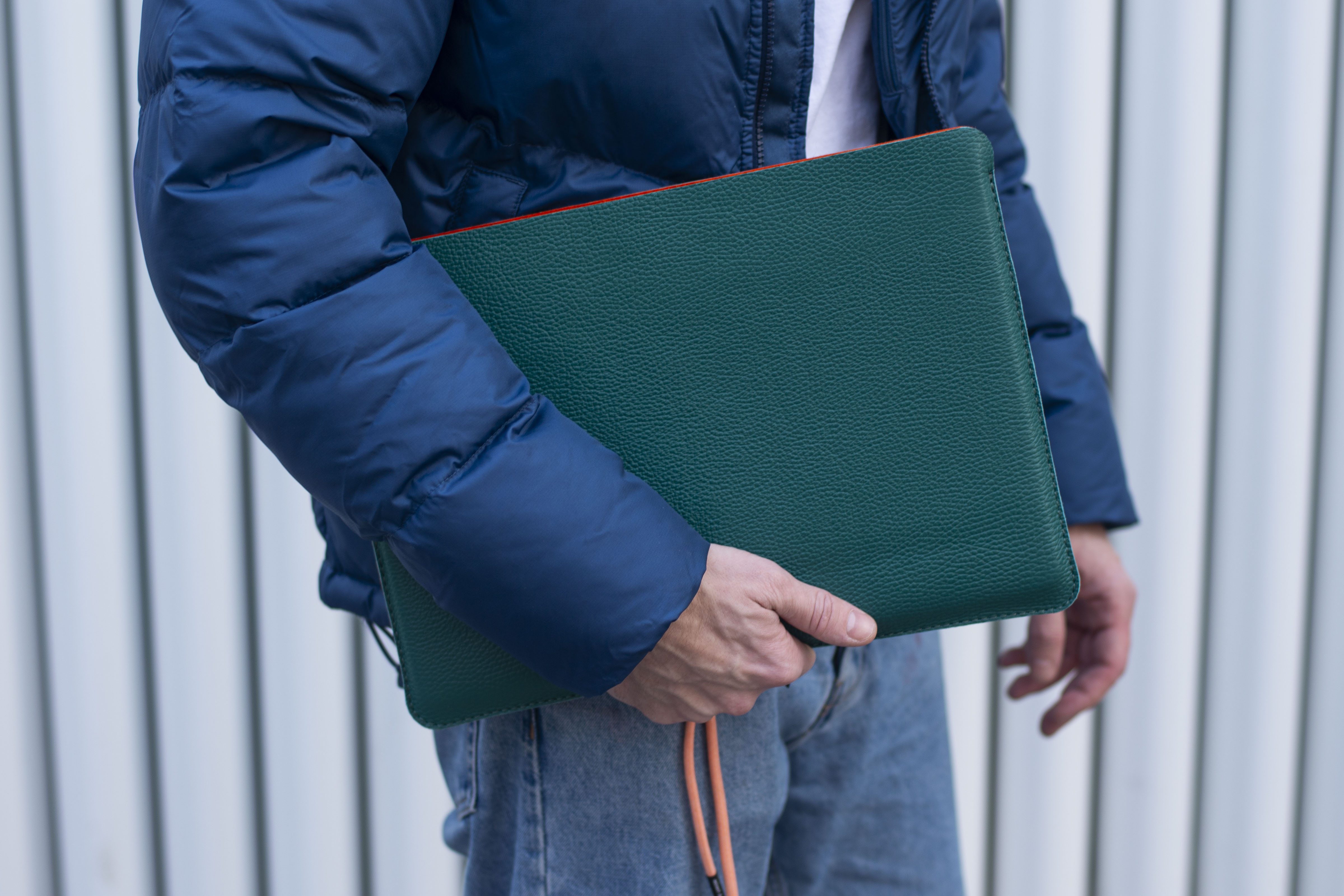 Luxury Leather Macbook Air 13" Sleeve - Avocado Green and Orange - RYAN London 