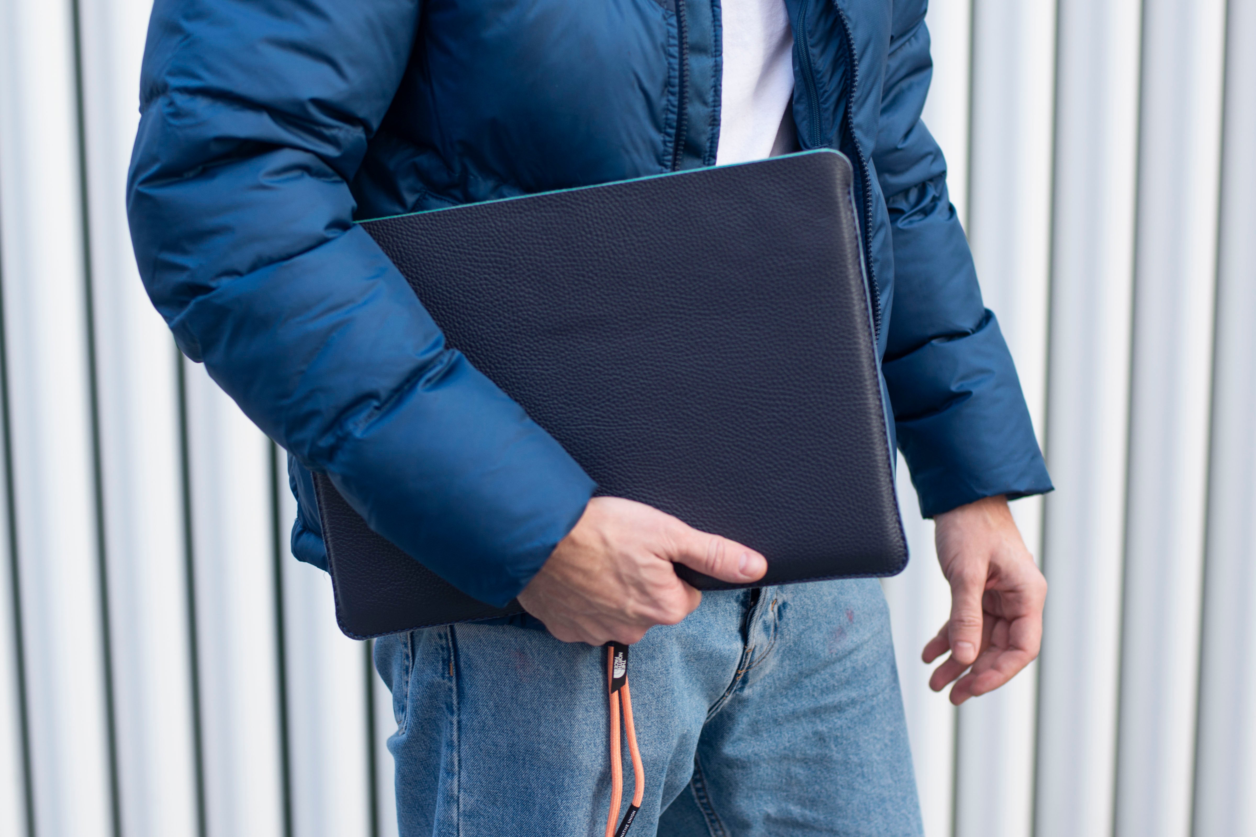 Luxury Leather Macbook Air 15" Sleeve - Navy Blue and Mint