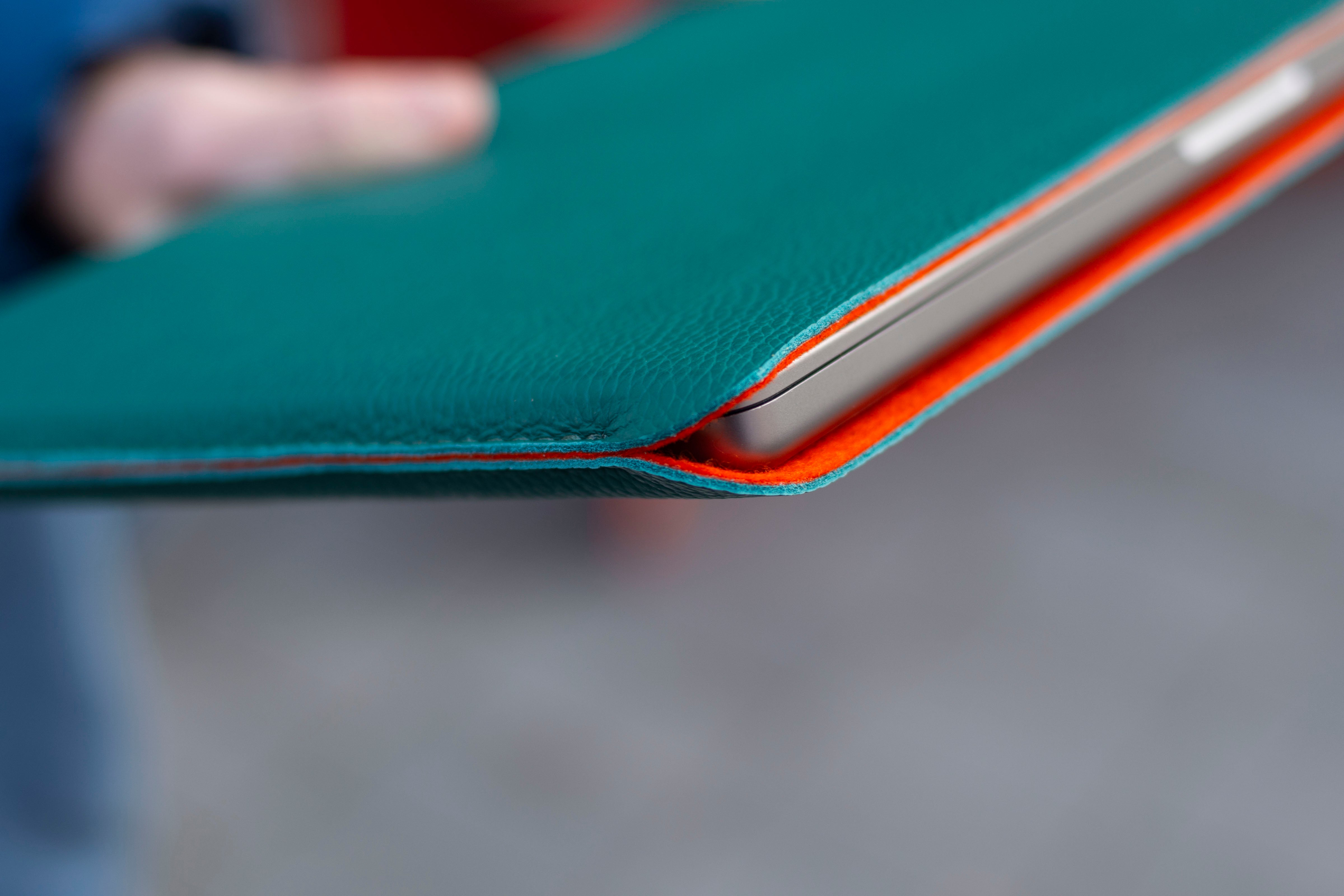 Luxury Leather Macbook Air 13" Sleeve - Avocado Green and Orange - RYAN London 