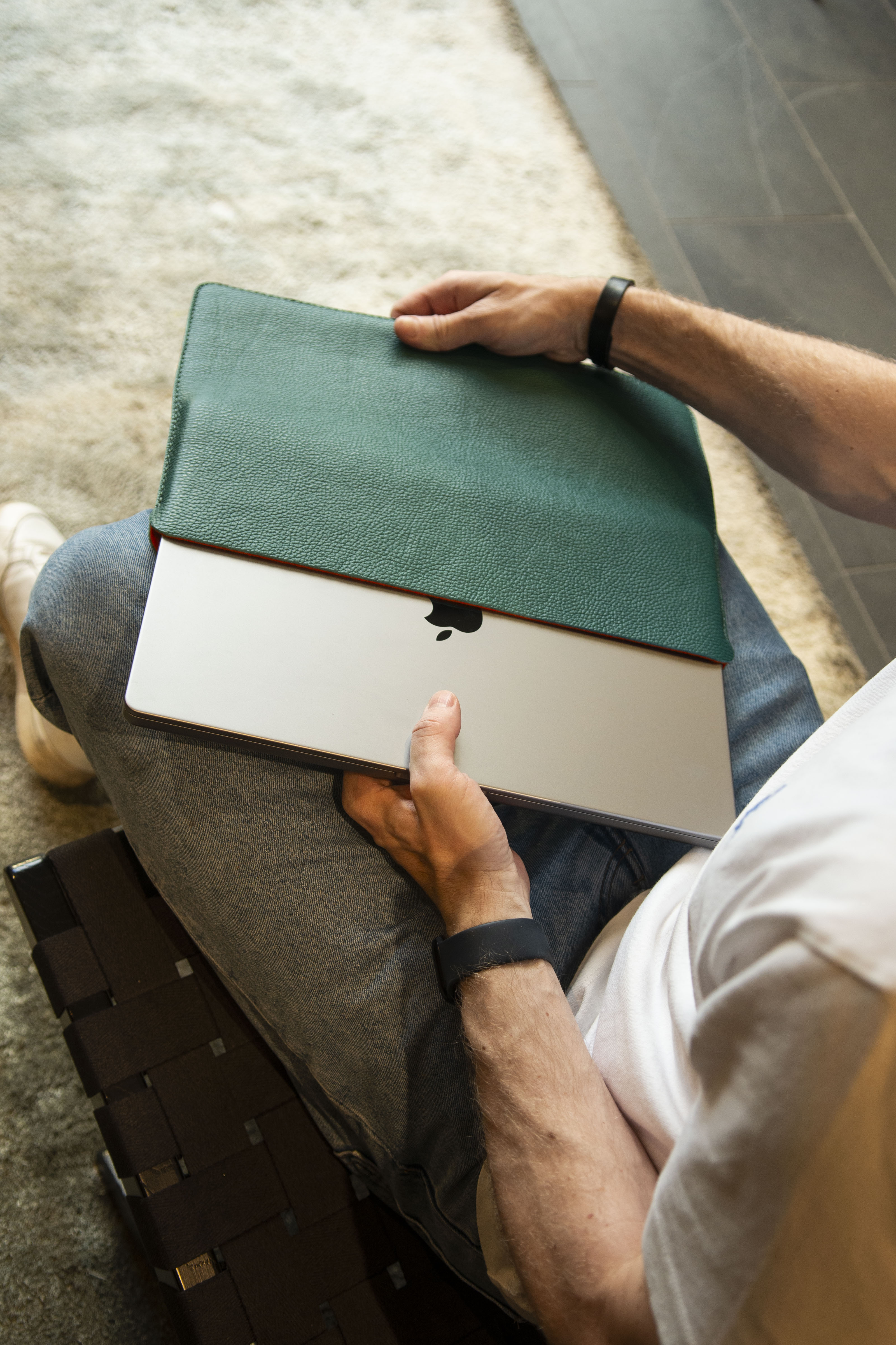 Luxury Leather Macbook Air 13" Sleeve - Avocado Green and Orange - RYAN London 