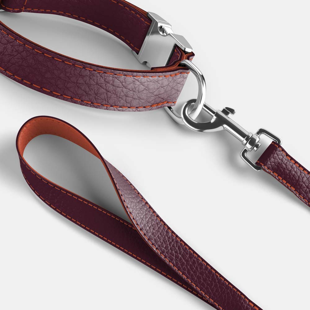 Leather Dog Collar - Dark Purple and Coral