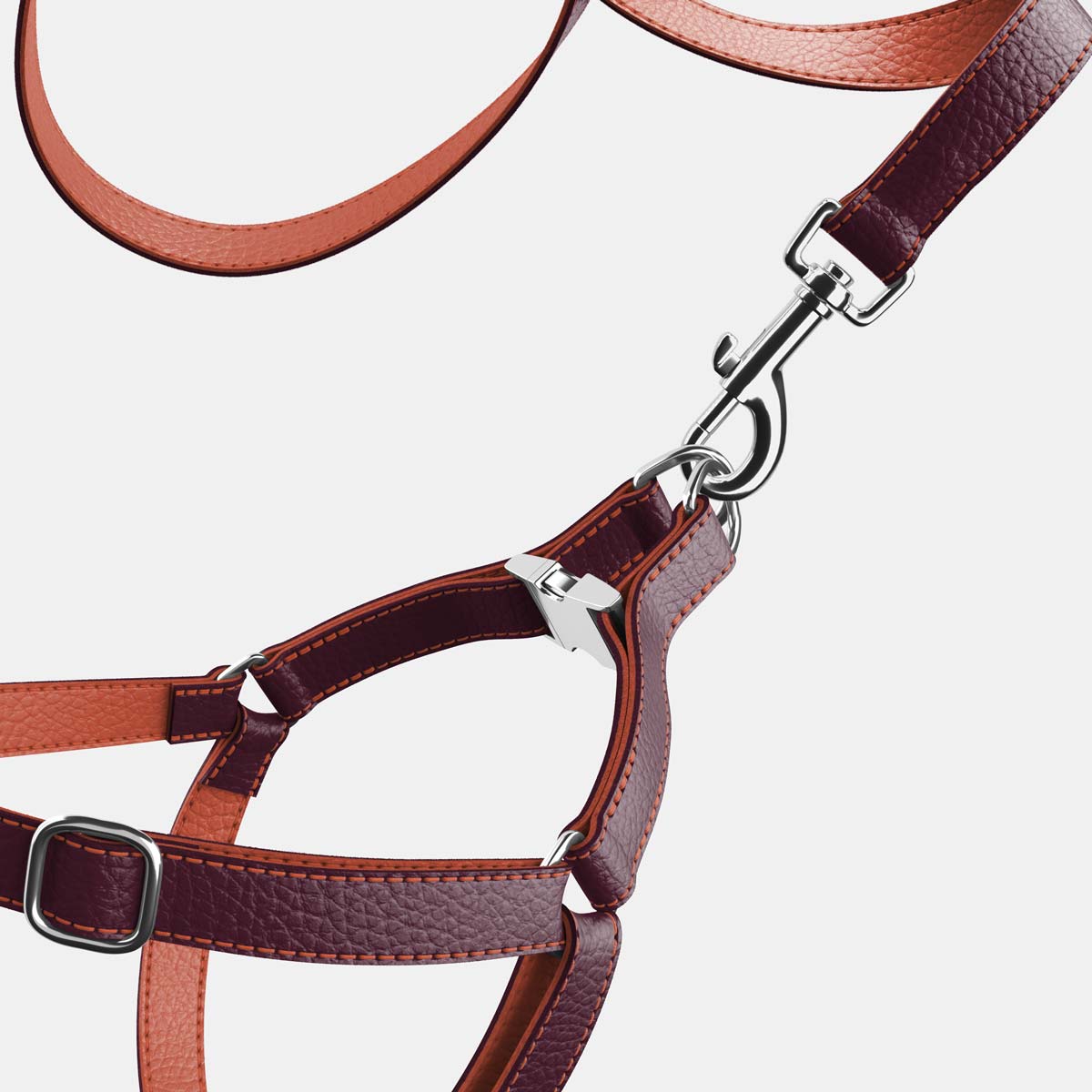 Leather Dog Harness - Dark Purple and Coral