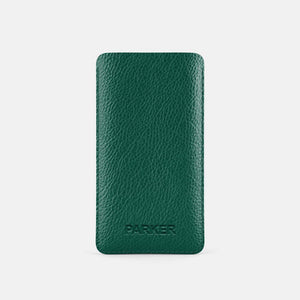 Leather iPhone 15 Plus Sleeve - Avocado Green and Orange