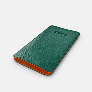Leather iPhone 15 Plus Sleeve - Avocado Green and Orange