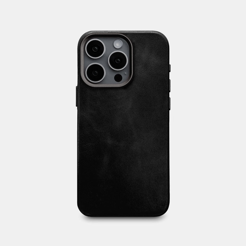 Leather iPhone 15 Pro Shell Case Metal, MagSafe - Black - RYAN London
