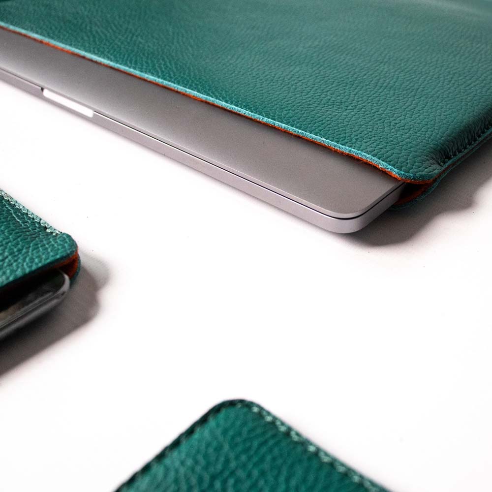 Luxury Leather Macbook Air 13" Sleeve - Avocado Green and Orange - RYAN London