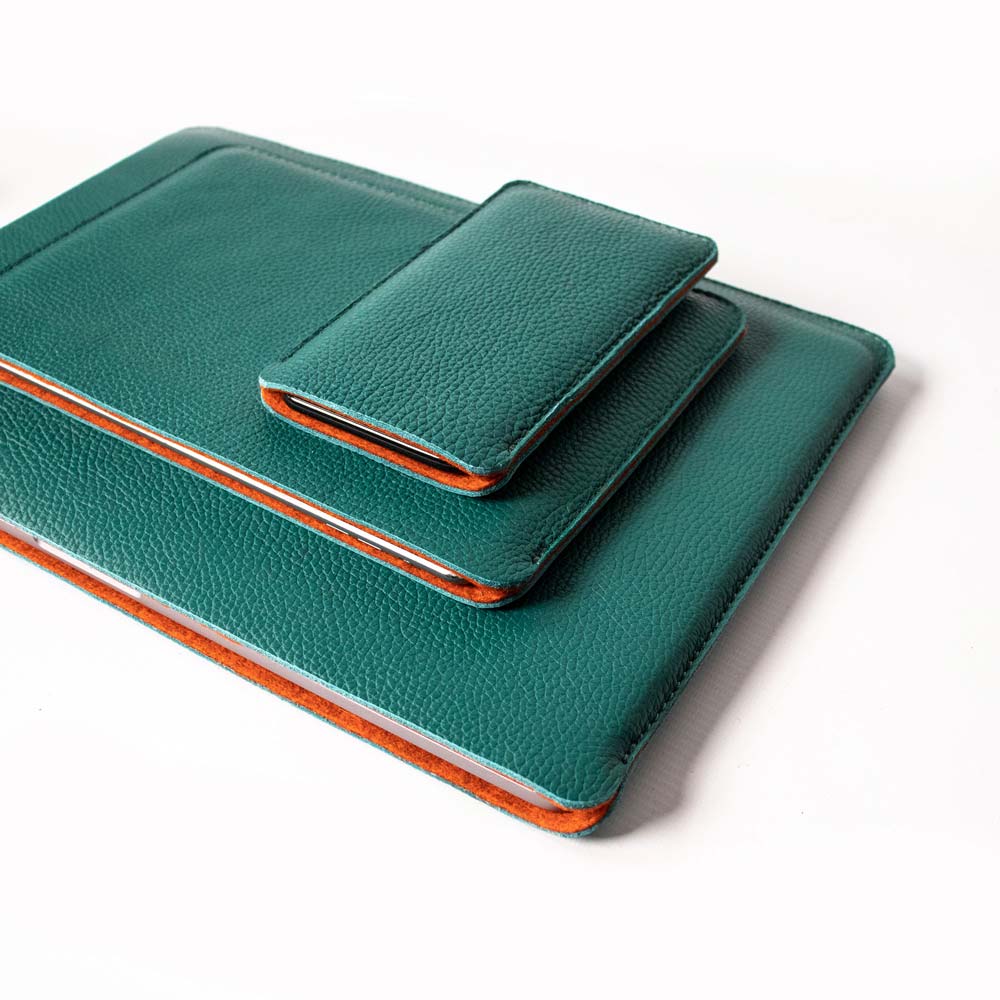 Luxury Leather Macbook Pro 14&quot; Sleeve - Avocado Green and Orange - RYAN London