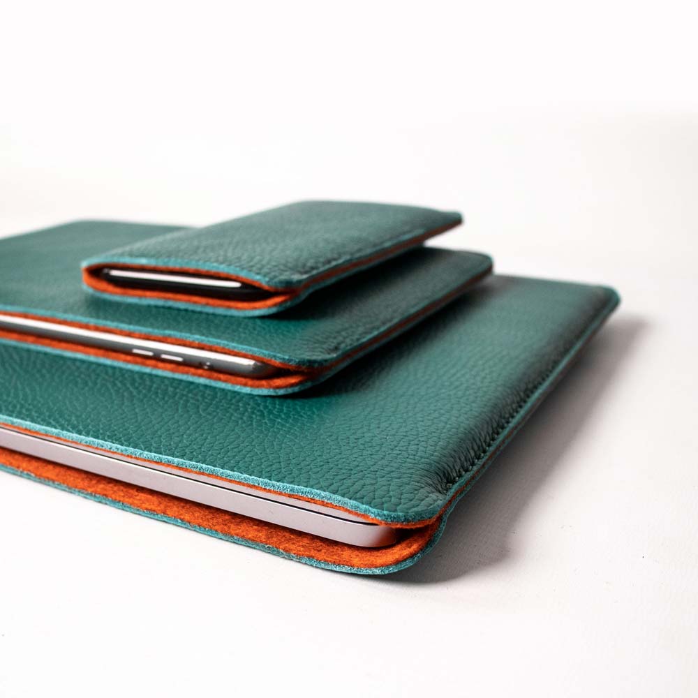 Leather iPad Pro 12.9&quot; Sleeve -  Avocado Green and Orange - RYAN London