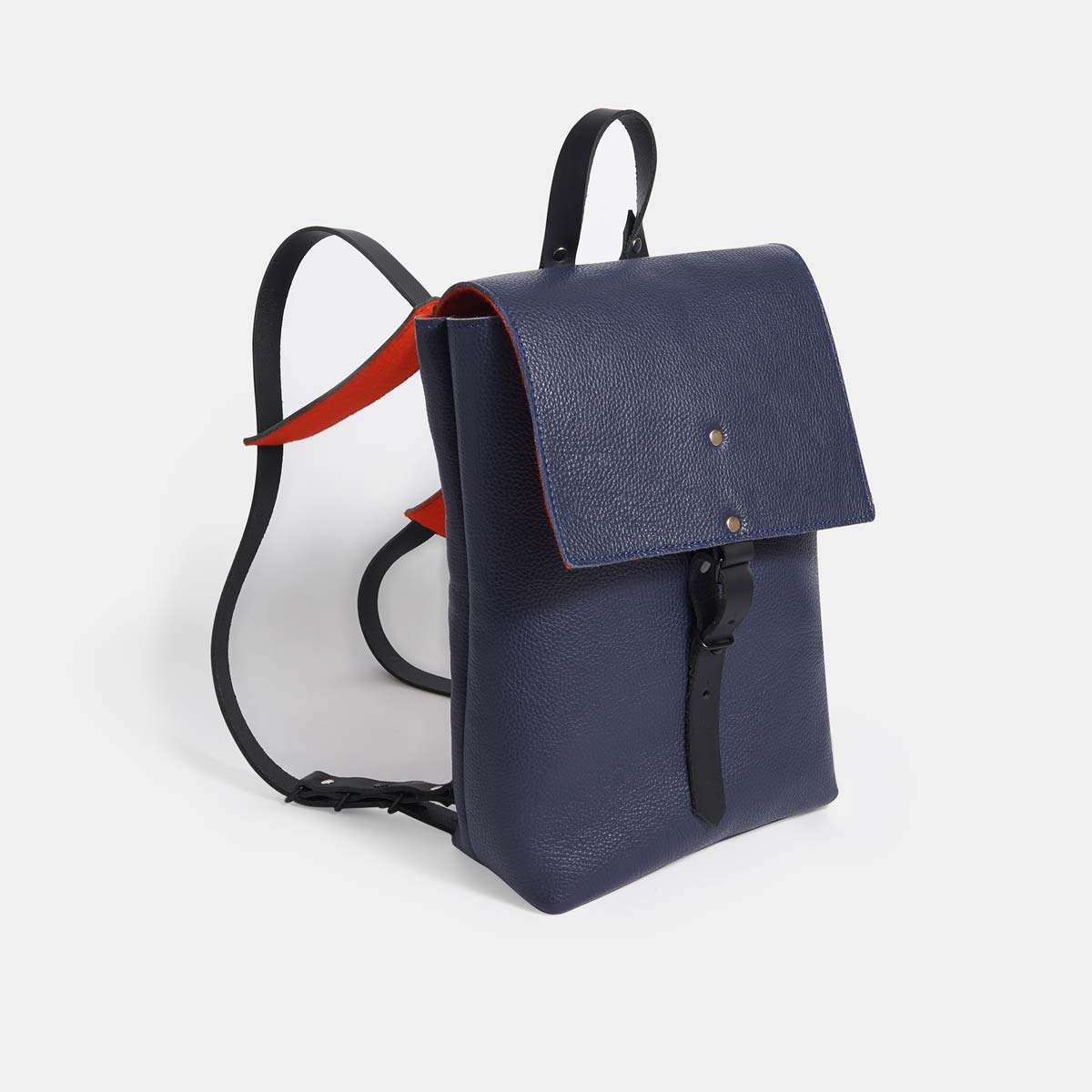 Italian Leather and Wool Felt Backpack - Navy Blue and Orange - RYAN London