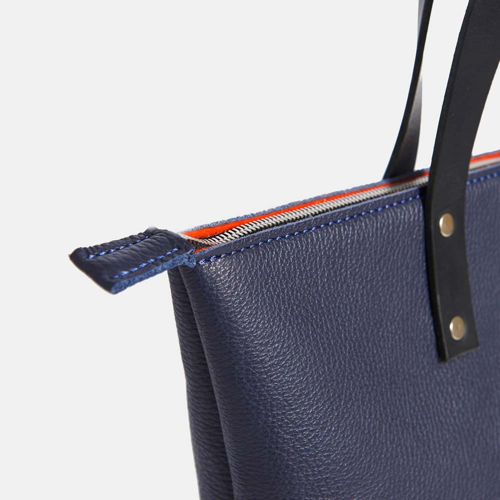 Italian Leather Tote with Wool Felt and Zip - Navy Blue and Orange - RYAN London