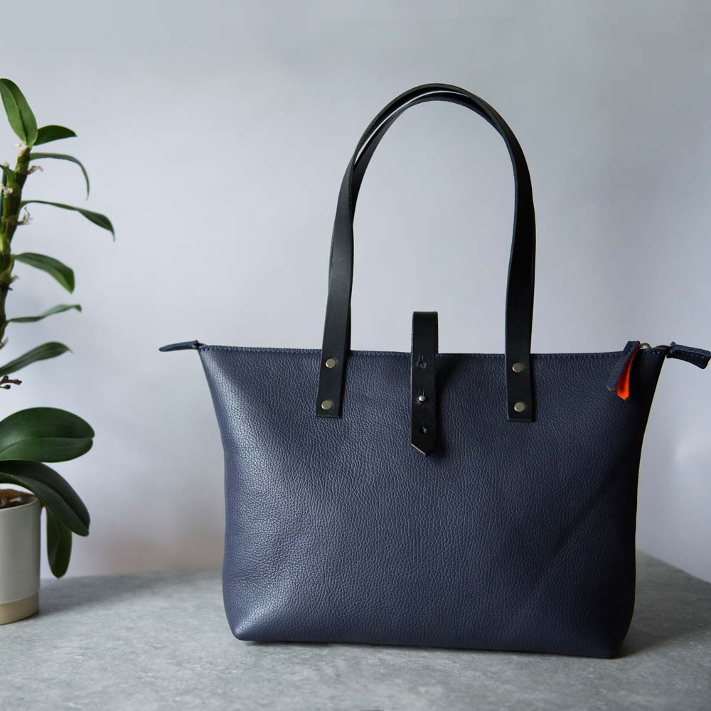 Italian Leather Tote with Wool Felt and Zip - Navy Blue and Orange - RYAN London