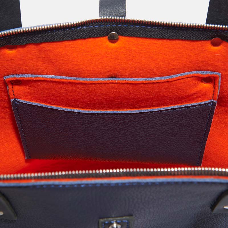 Italian Leather Tote with Wool Felt and Zip - Navy Blue and Orange - RYAN London