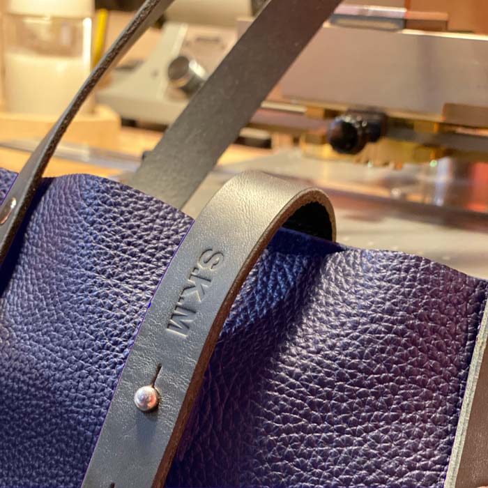 Italian Leather Tote with Wool Felt and Zip - Navy Blue and Orange - RYAN London