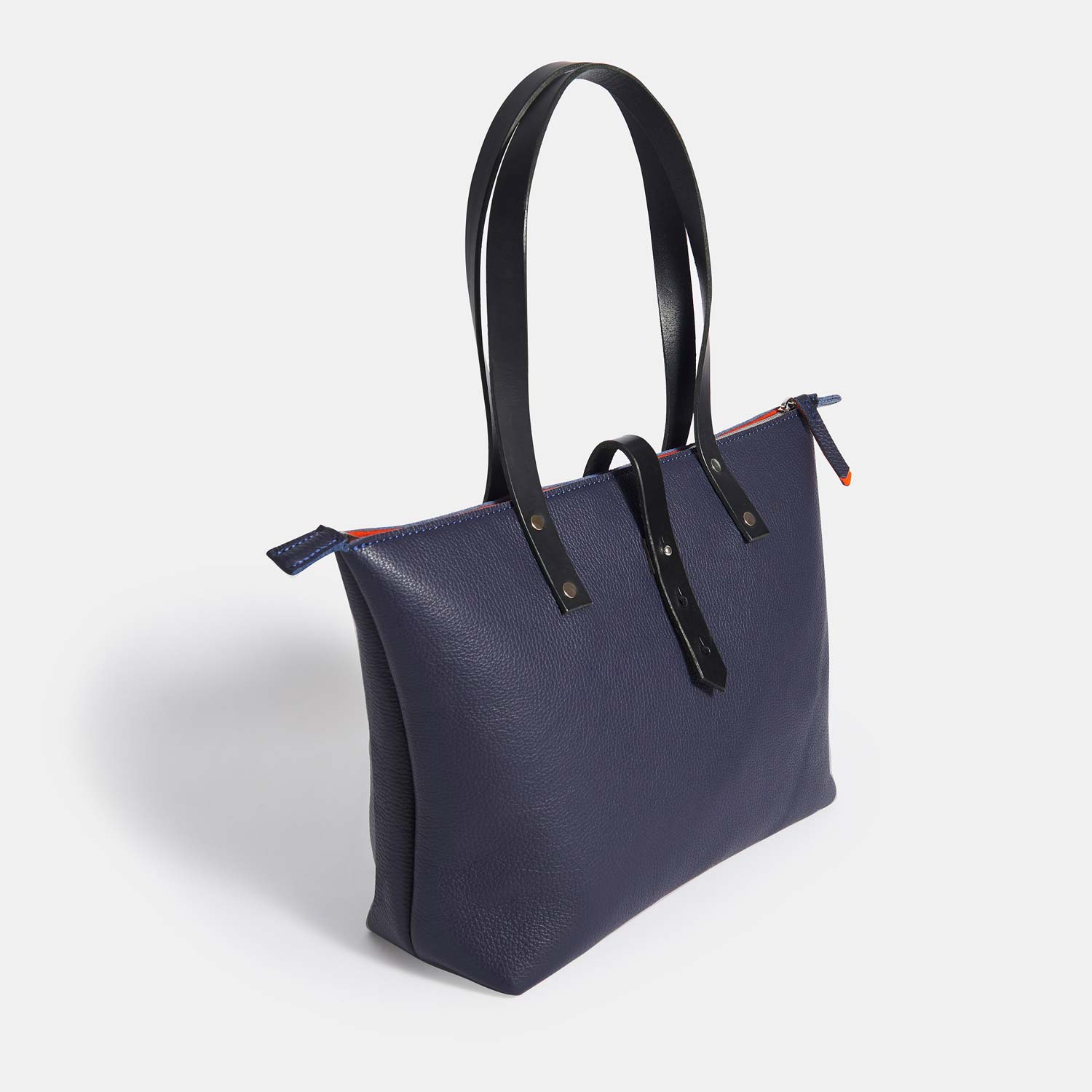 Italian Leather Tote with Wool Felt and Zip - Navy Blue and Orange - RYAN London