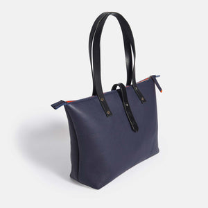 Italian Leather Tote with Wool Felt and Zip - Navy Blue and Orange