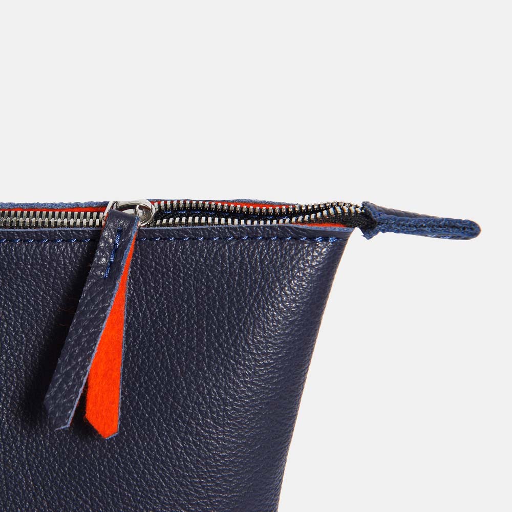 Italian Leather Tote with Wool Felt and Zip - Navy Blue and Orange - RYAN London