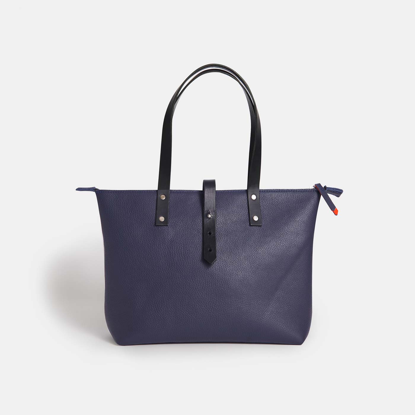 Italian Leather Tote with Wool Felt and Zip - Navy Blue and Orange - RYAN London