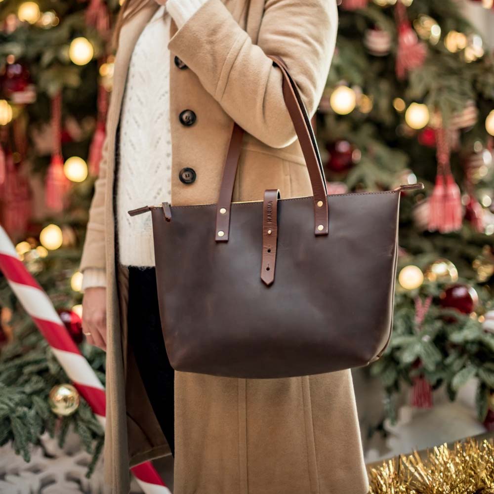 Leather Tote Bag with Zip - Dark Brown - RYAN London