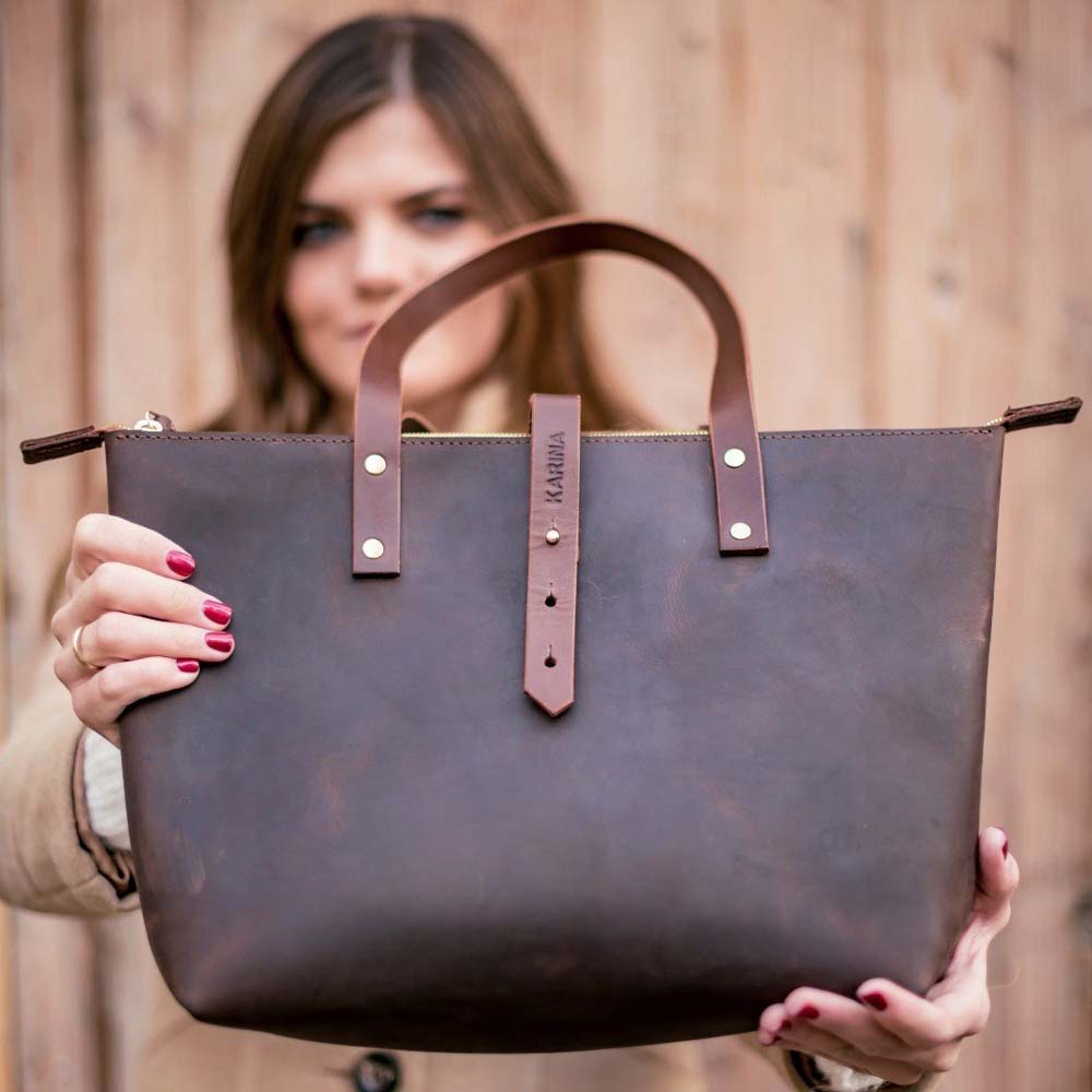 Leather Tote Bag with Zip - Dark Brown - RYAN London