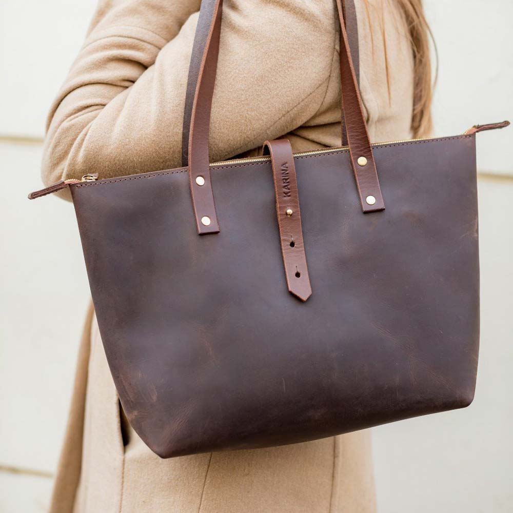 Leather Tote Bag with Zip - Dark Brown - RYAN London