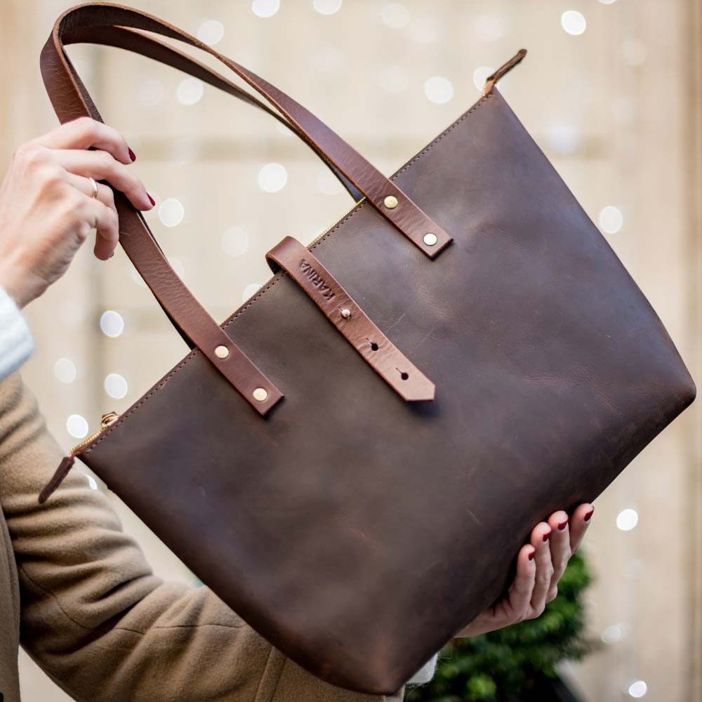 Leather Tote Bag with Zip - Dark Brown - RYAN London