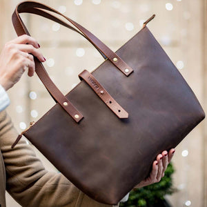 Leather Tote Bag with Zip - Dark Brown