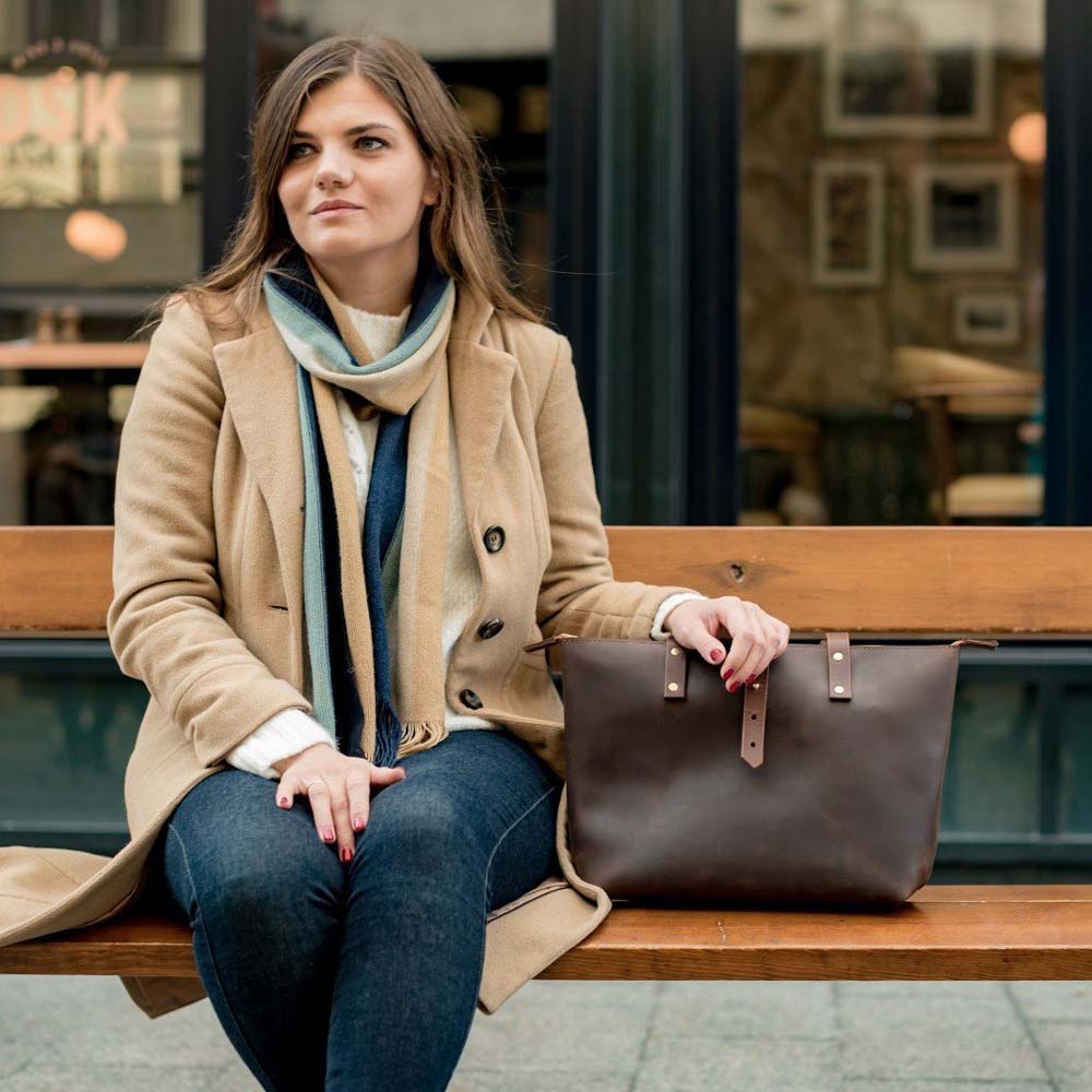 Leather Tote Bag with Zip - Dark Brown - RYAN London