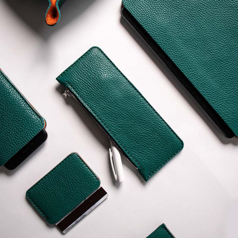 Leather Pencil Case - Avocado Green and Orange - RYAN London