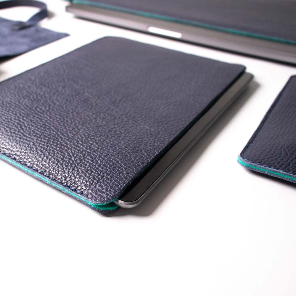 Leather iPad Sleeve - Navy Blue and Mint - RYAN London