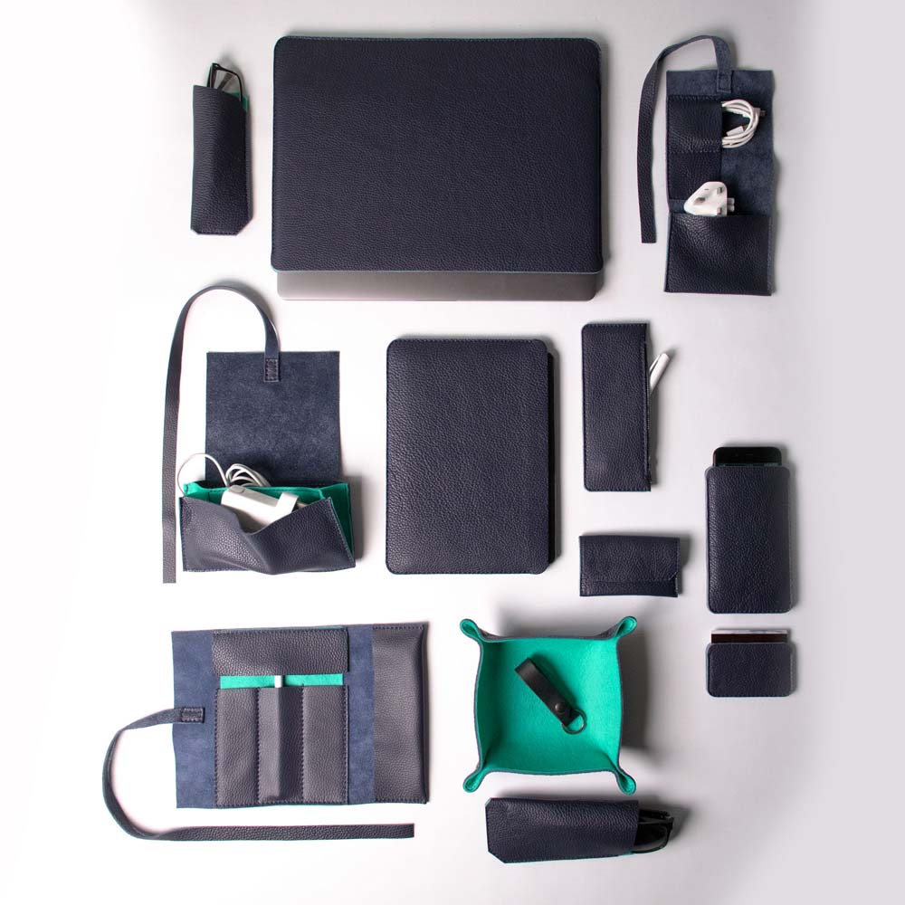 Leather iPad Sleeve - Navy Blue and Mint - RYAN London