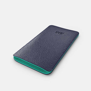 Leather iPhone 13 Pro Sleeve - Navy Blue and Mint