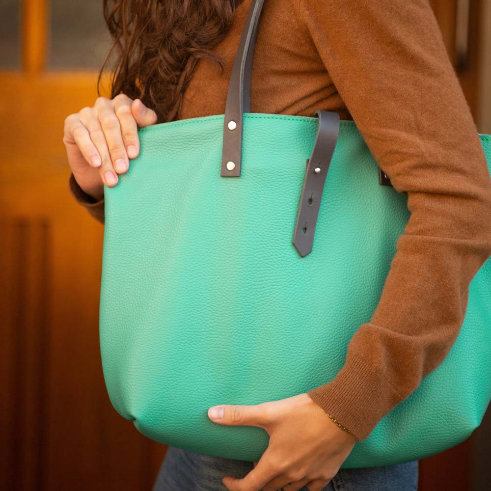 Soft Italian Leather Tote with Zip - Green - RYAN London