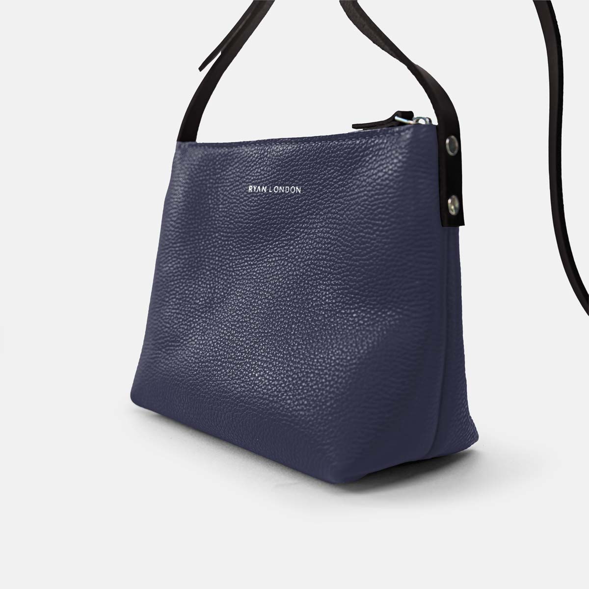 Italian Leather Crossbody Tote with Wool Felt and Zip Navy Blue and